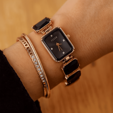 Black Elegance Crystal Combo – Fossil-Inspired Watch & Bracelet Set