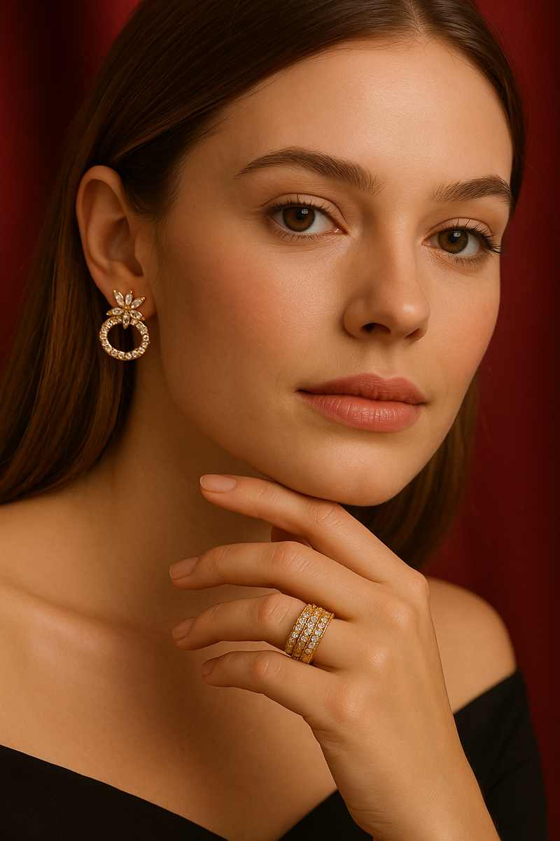 Crystal Bloom Ring & Earring Set – Sparkling Gold-Tone Jewelry Combo