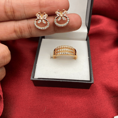 Crystal Bloom Ring & Earring Set – Sparkling Gold-Tone Jewelry Combo